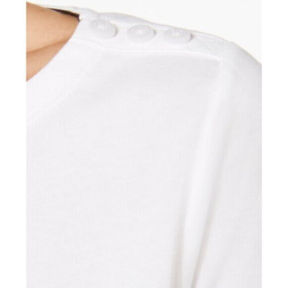 Charter Club Petite Large White Pima Cotton Button-Shoulder 3/4 Sleeve Top NWT - Picture 2 of 6